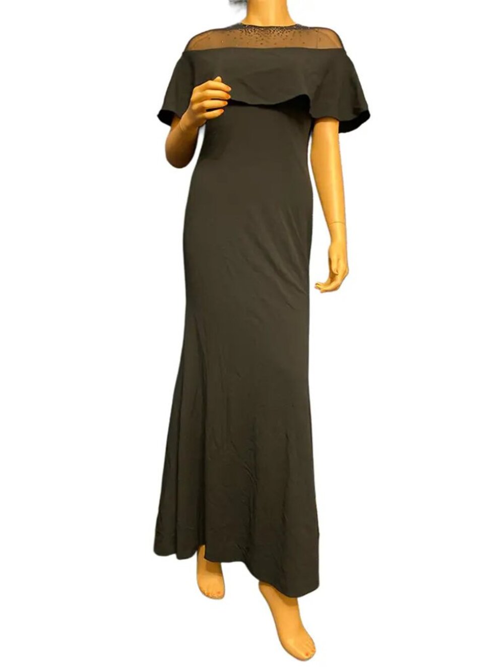 Calvin Klein Illusion Yoke Off Shoulder Gown with Beaded Cape Overlay